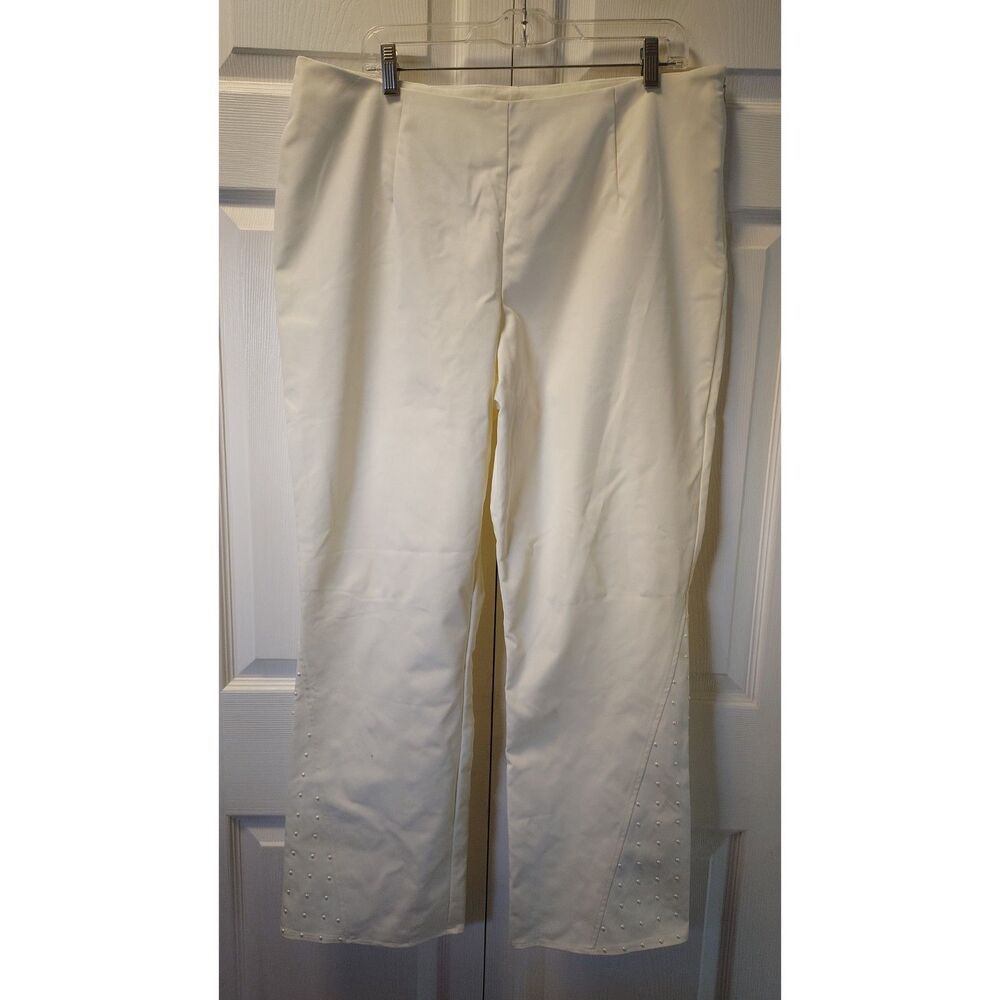 Midnight Velvet White Studded Hem Dress Pants 16 Straight Leg Rhinestone Accent